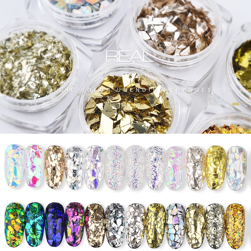 6 Potten/Set Gebroken Glas Papier Pailletten Nail Art Decoratie Vlokken Glitters 3d Nagels Tips Manicure Uv Gel polish Supply