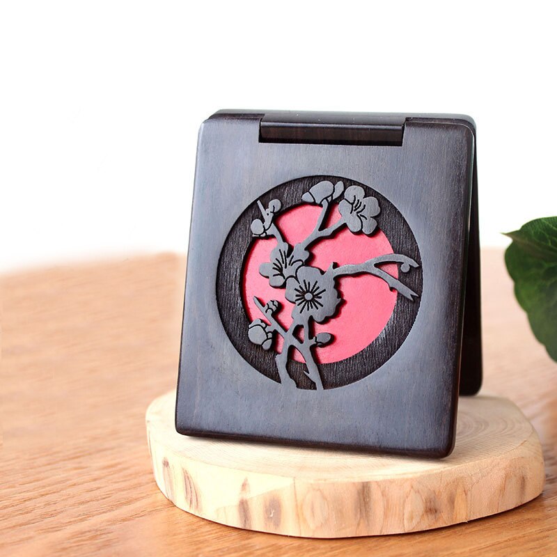 Carved Green Sandalwood Makeup Mirrors Folded Double-sided Wood Comestic Mirror Sandalwood Portable Small Pocket Mirror