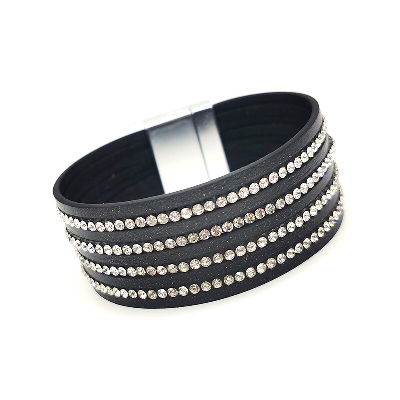 Pulseras de cuero de cristal negro para mujer, brazalete ancho con tiras, varias capas, estilo bohemio, joyería,
