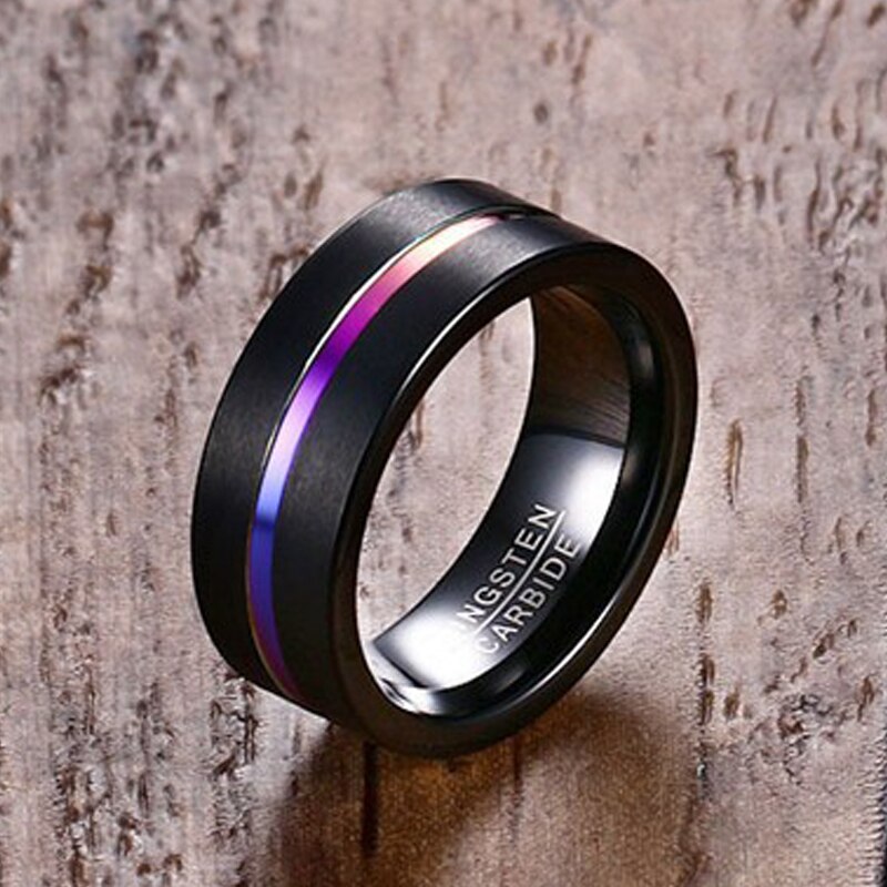 8MM Nero Carburo di Tungsteno Anelli Maschile Femminile Anniversary Wedding Band Scanalato con Colori Arcobaleno Gay Anello