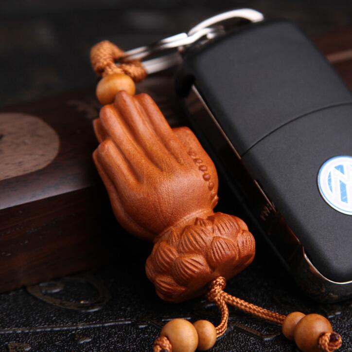 Madera de Durazno chino flor de loto tallado mano de Buda dos manos juntas exquisito colgante de llavero de coche