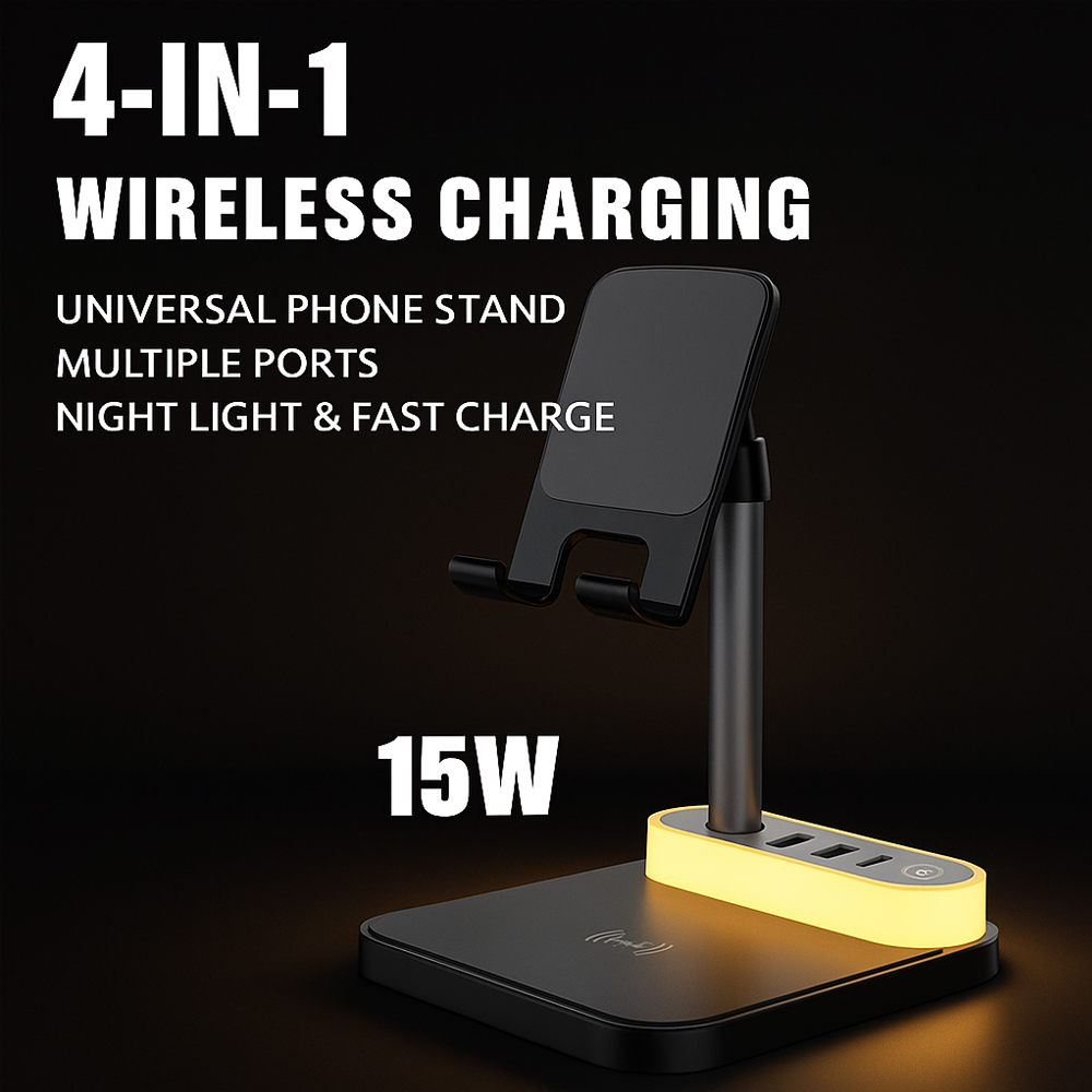4-in-1 kabelloses Laden, universelles 15-W-Schnelllade-Nachtlicht, mobiler Multi-Port-Tablet-Ständer, kabelloses USB/C-Eingang.