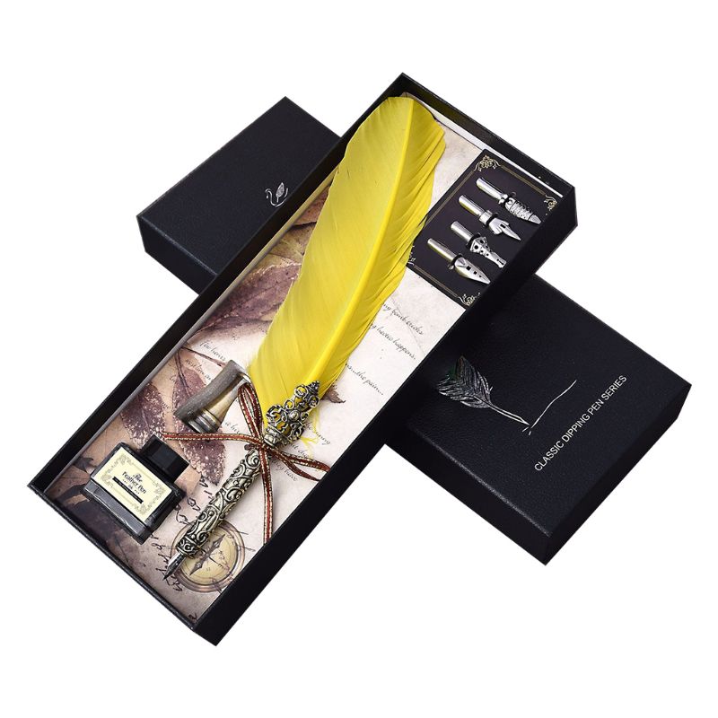 Vintage Handmade Feather Quill Dip Fountain Pen with Ink Nibs English Calligraphy Writing Stationery Wedding 090F