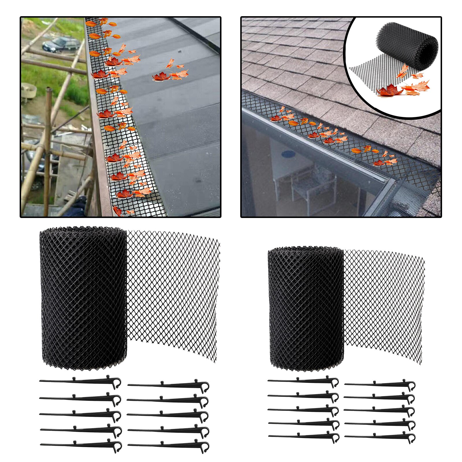 Plastic Gutter Guard Mesh, blad Bescherming Mesh Gutter Guards Roll Blad Guard Splash Dak Panelen Zwart Met 10 Vaste Haken