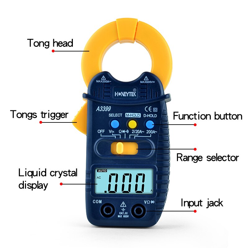 Honeytek Mini Digitale Stroomtang Stroomtang Meter Data Hold Multimeter Klem Tester Auto Range Multimeter Ac/Dc Spanning