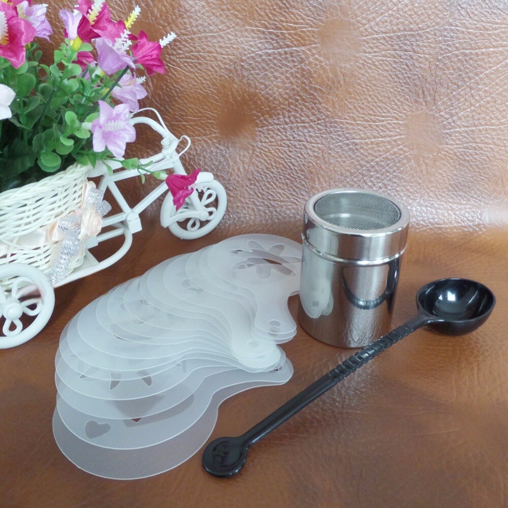 Stainless Steel Chocolate Shaker Duster + 16pcs Cappuccino Coffee Stencils + Measure Spoon Coffee Tea Tools