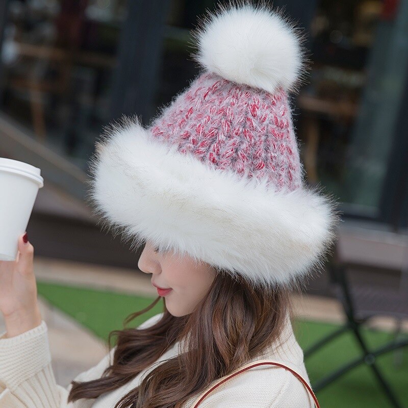 Stylish Women Fluffy Hat Knitted Beanies Winter Ski Hats Weaving Mongolia Cap for Outdoor ENA88: Wine red