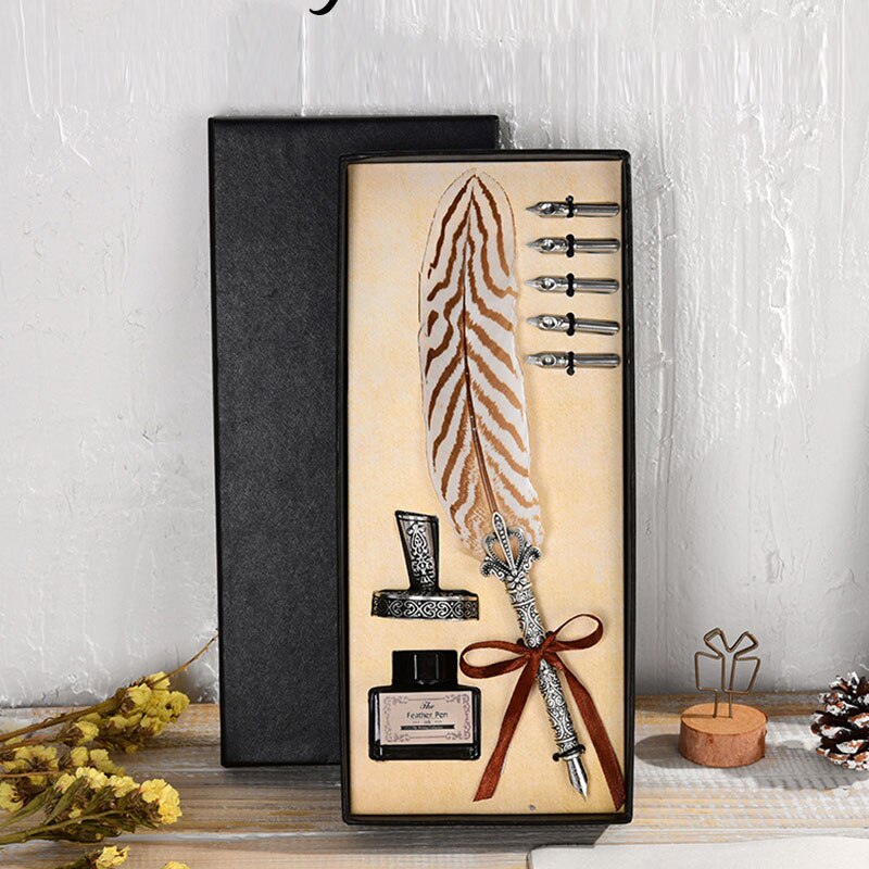 Luxury Fountain Pen Set Colorful Vintage Feather Pen Classic Calligraphy Ink Pens Dip Quill for Student Writing Pen Box set