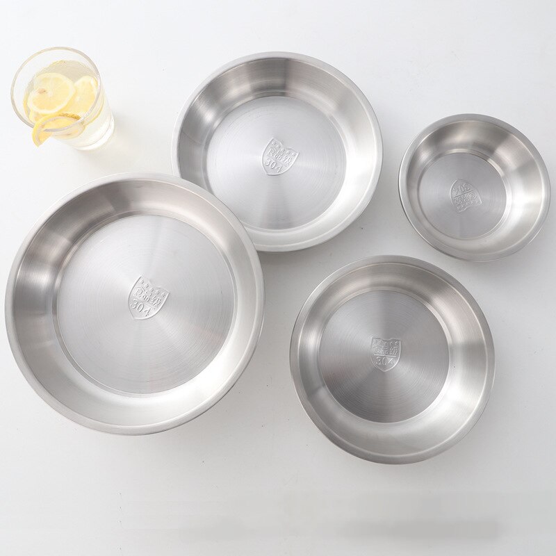 304 Stainless Steel Dinner Plates Kitchen Restaurant Tray Round Dessert Cake Snack Dishes Food Storage Plate Korean Tableware