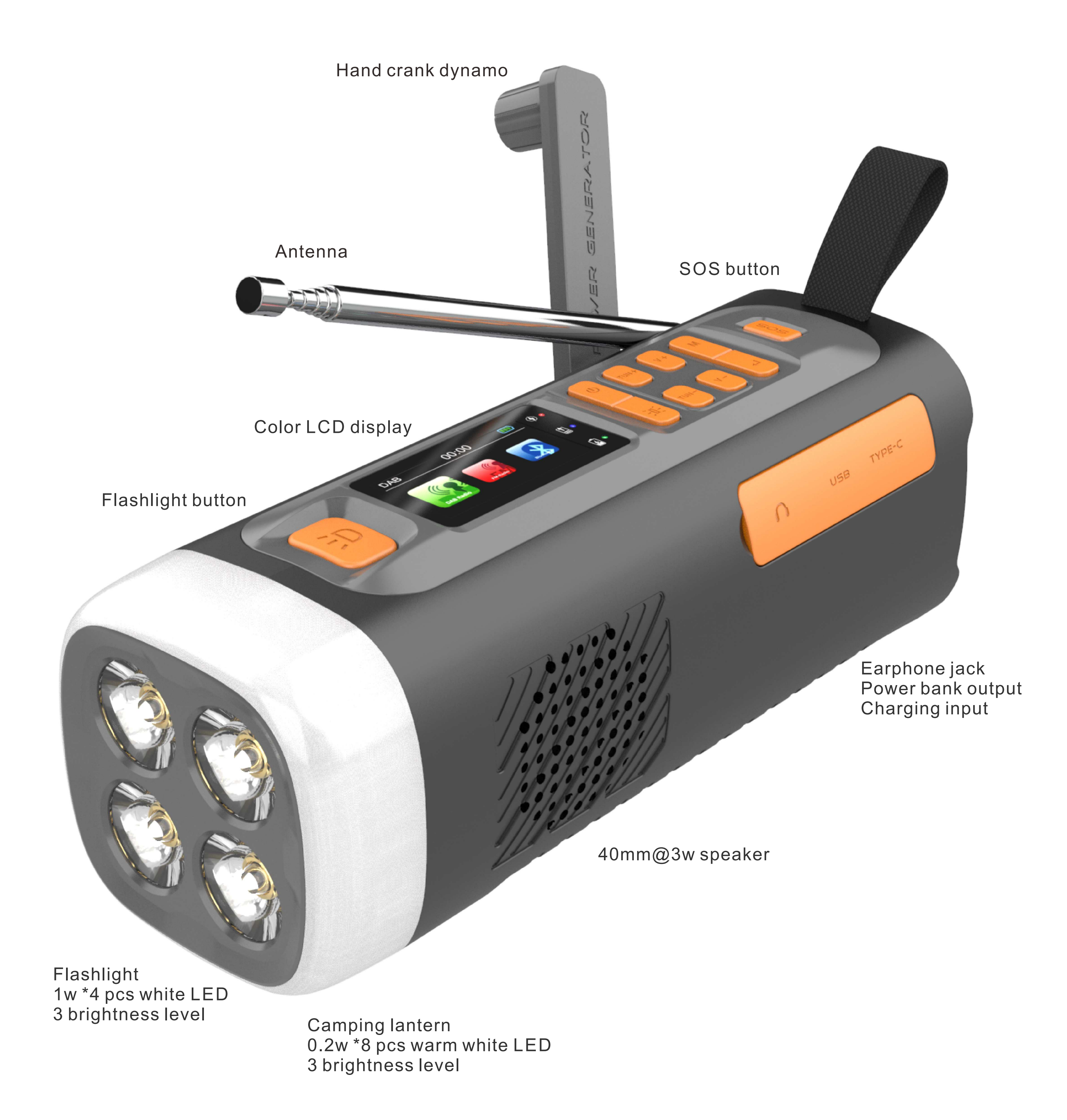 eppfun Emergency FM DAB BT Radio Multifunction Portable Solar Hand Crank Radio with Flashlight Solar SOS Outdoor Camping