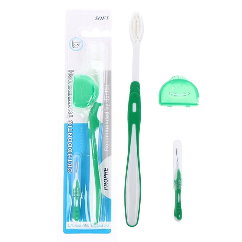 Cepillo de dientes en forma de V para adultos, con funda, Juego de cepillos interdentales, Kit de cepillo de dientes de hilo Dental, limpieza bucal: Verde
