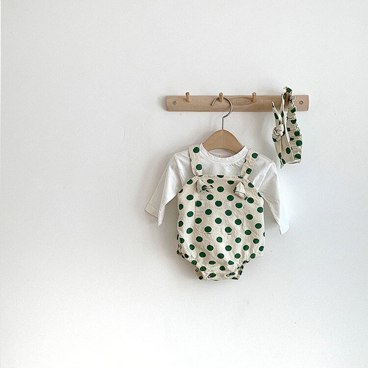 Lente baby bodysuit en zomer jongens meisjes boyle point schattige baby eenvoudige stippen creeper jumpsuit met bandjes broek