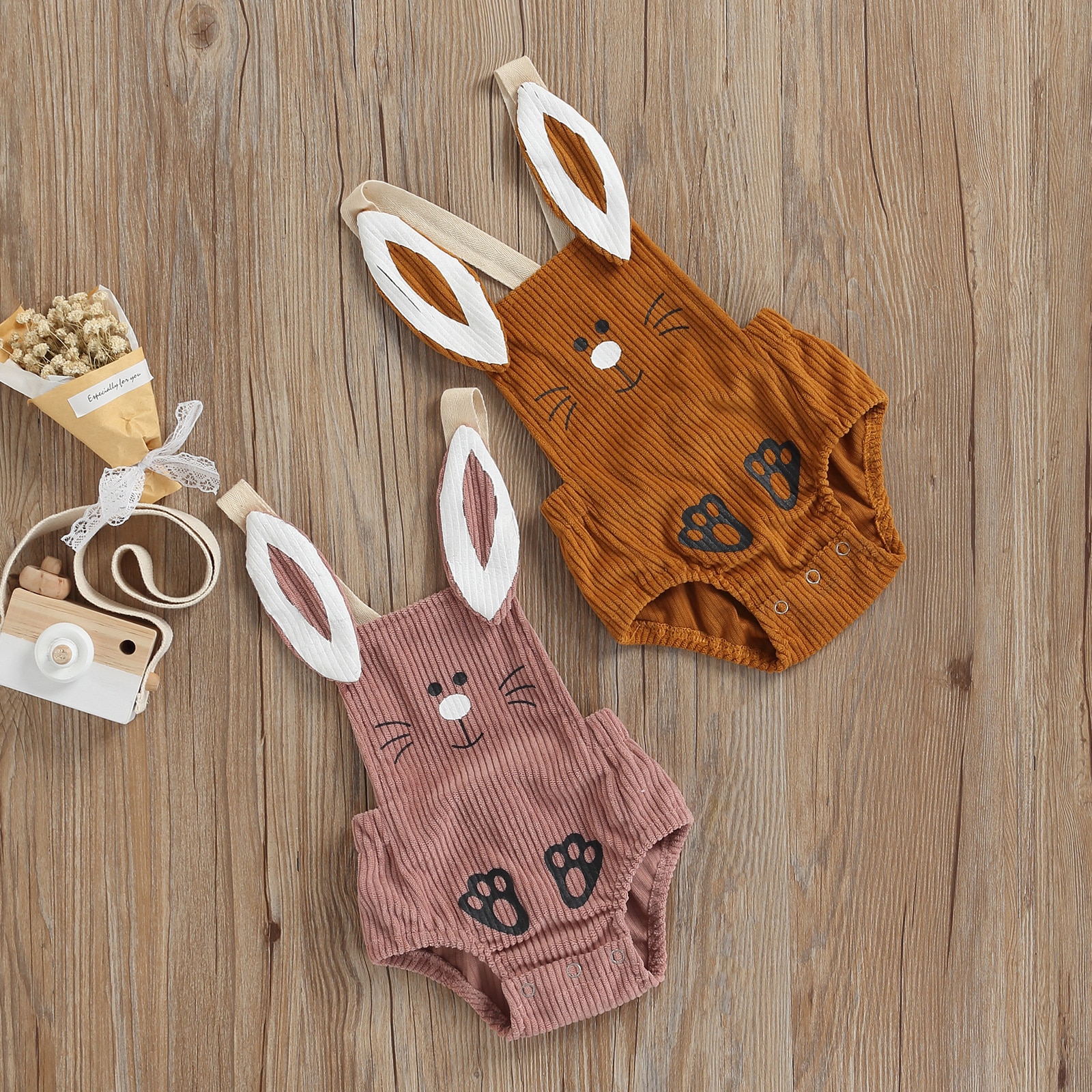 Baby Romper Mouwloze Cartoon Konijn Knop Sluiting Corduroy Bodysuit Voor Meisjes Jongens