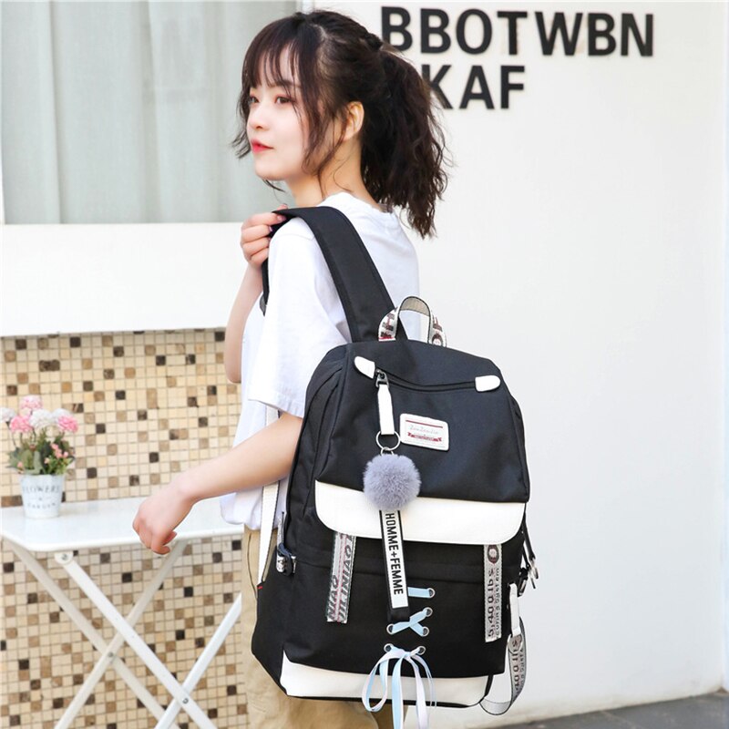 Toile Usb sacs d'école pour filles adolescents sac à dos femmes Bookbags noir grande capacité moyen collège adolescent cartable