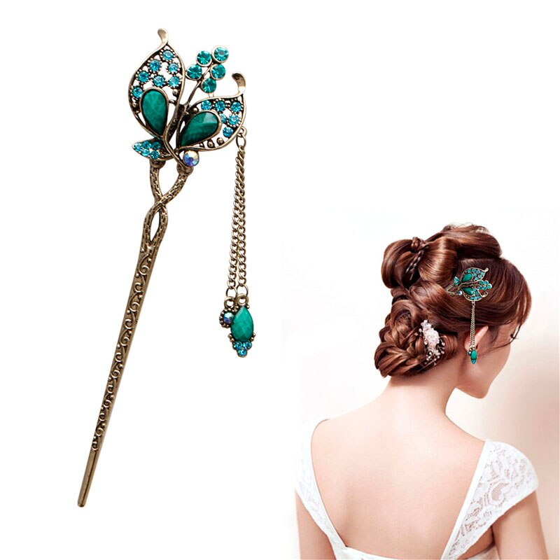 Horquilla con hojas de mariposa para mujer, horquilla de pelo con diamantes de imitación, para Amiga #11