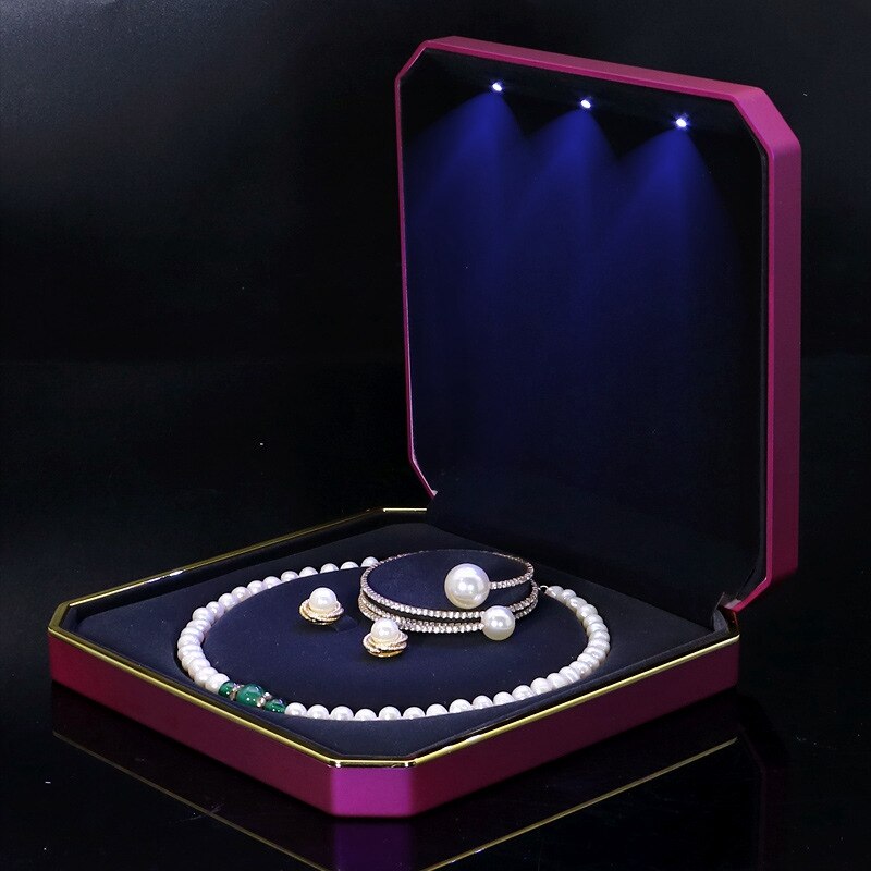 LED bijoux grand ensemble boîte organisateur perle boucle d'oreille collier affichage coffrets pour mariage pliable en plastique bijoux mallette de rangement: Purple style 1