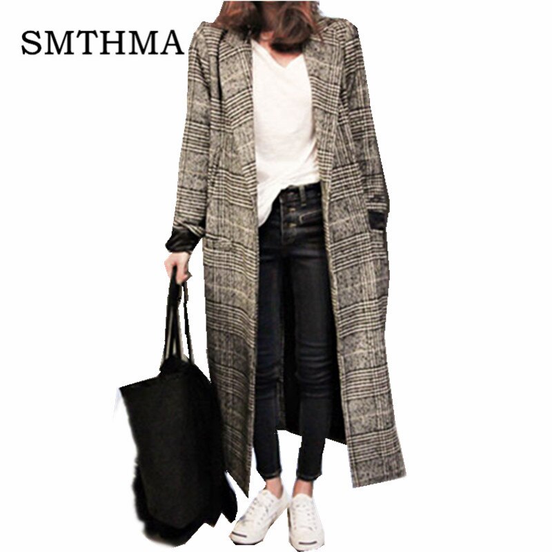 Smthma winter runway tweed wollen jas damesjas en casual rooster enkelrijs lange geruite jas abrigo mujer: M