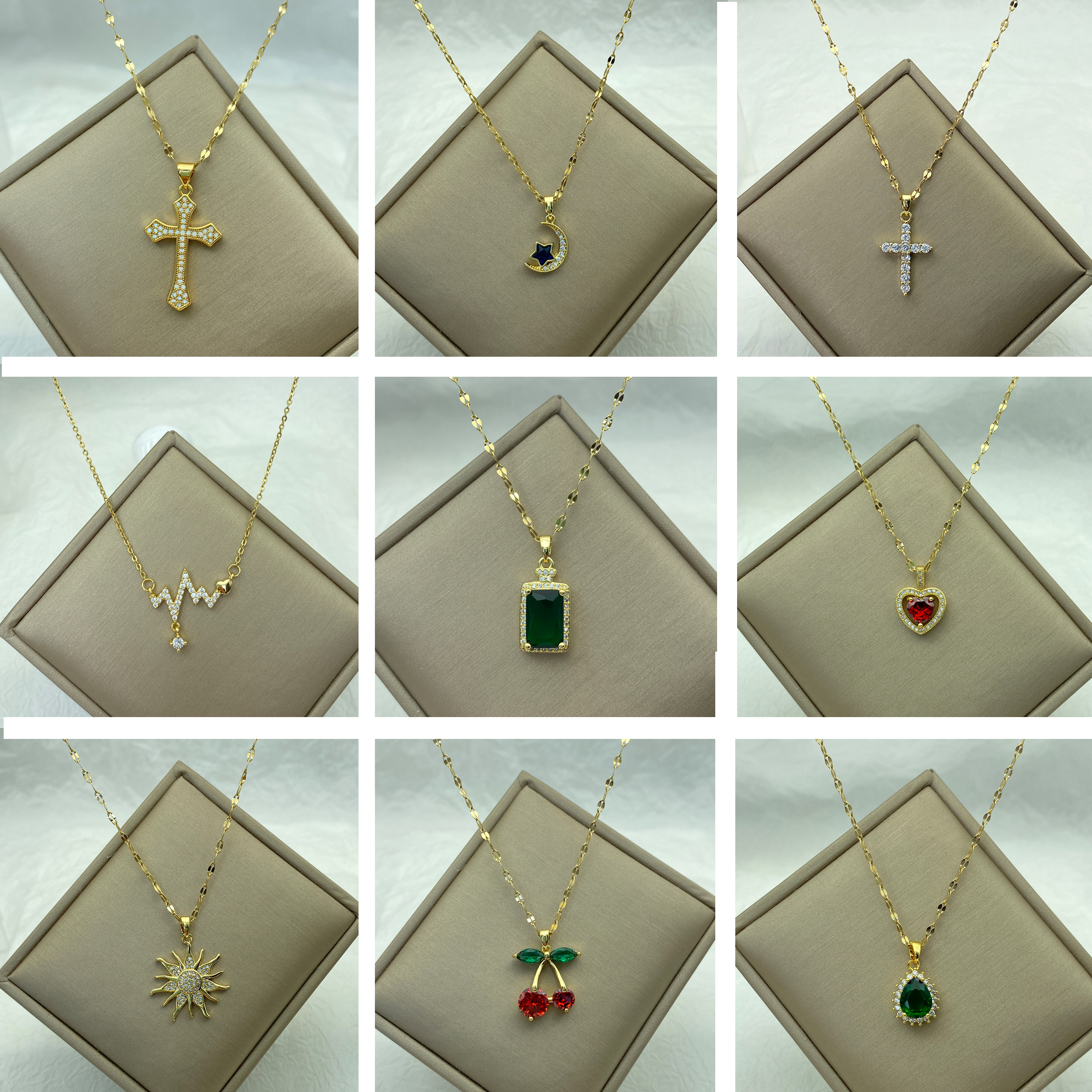 Gold Color Stainless Steel Necklace for Women Style Butterfly Jewlry Green Water Copper Pendant Zircon Pearl Cross Butterly