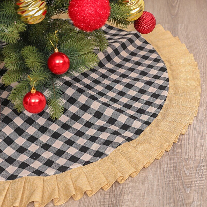 Jupe d&#39;arbre plissée en tissu écossais noir et rouge, ornements de noël, 48 pouces, bas de jupe d&#39;arbre de noël