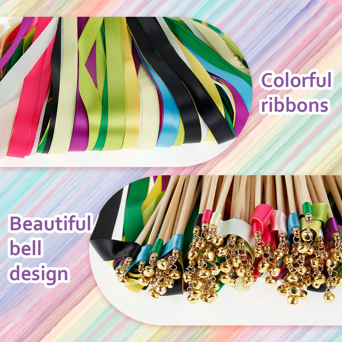 100Pcs Wedding Ribbon Wands with Bells Colourful Stick Wish Wands Wedding Streamers Celebration Decoration for Party