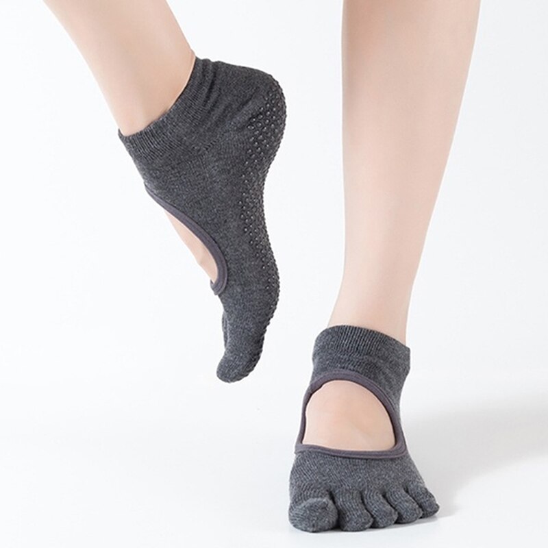 Damskie skarpetki robić jogi antypoślizgowe pięć palców bez pleców silikonowe antypoślizgowe 5 skarpetki z palcami balet siłownia sportowe poliestrowe skarpetki: ciemny szary
