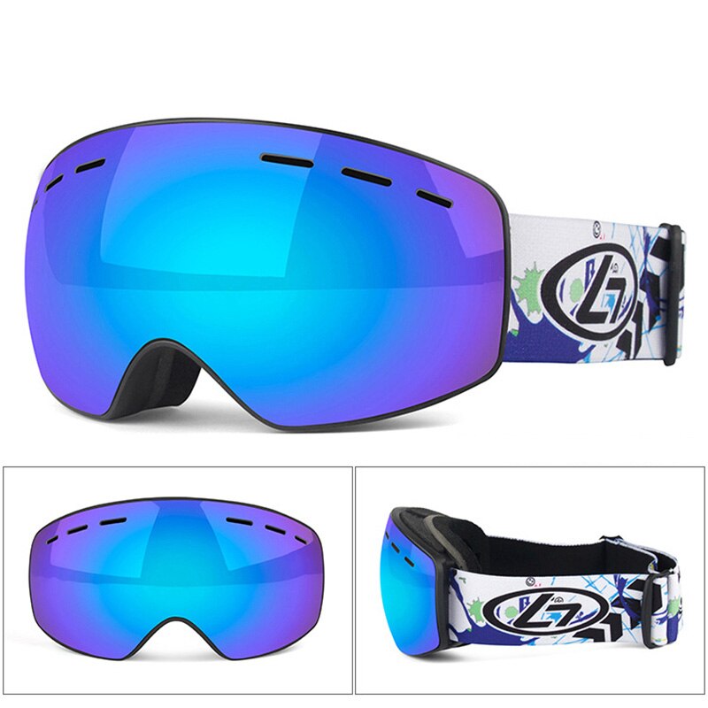 Inverno snowboard óculos de esqui para crianças dupla lente anti nevoeiro máscara à prova vento colorido banhado a grande quadro óculos de esqui crianças: Blue Len Black Frame
