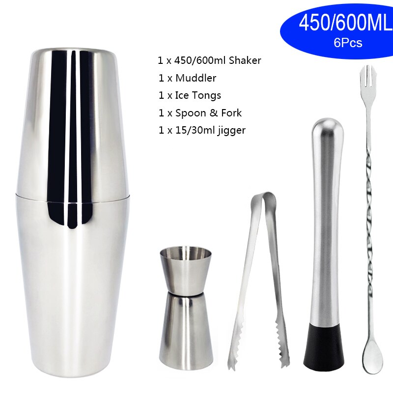 Stainless Steel 550ml/450ml/600ml/750ml Shaker Cup With Measuring Cup Cocktail Shaker Set Cocktail Kit Bar Tools Stand Recipe: 6Pc 450ml 600ml