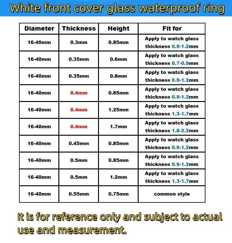 Anello I da 1,25 mm di altezza Guarnizione in cristallo per orologio da 26 mm a 35,5 mm Diametro interno per vetro per orologio impermeabile da 1,3 mm a 1,7 mm di spessore YZC035