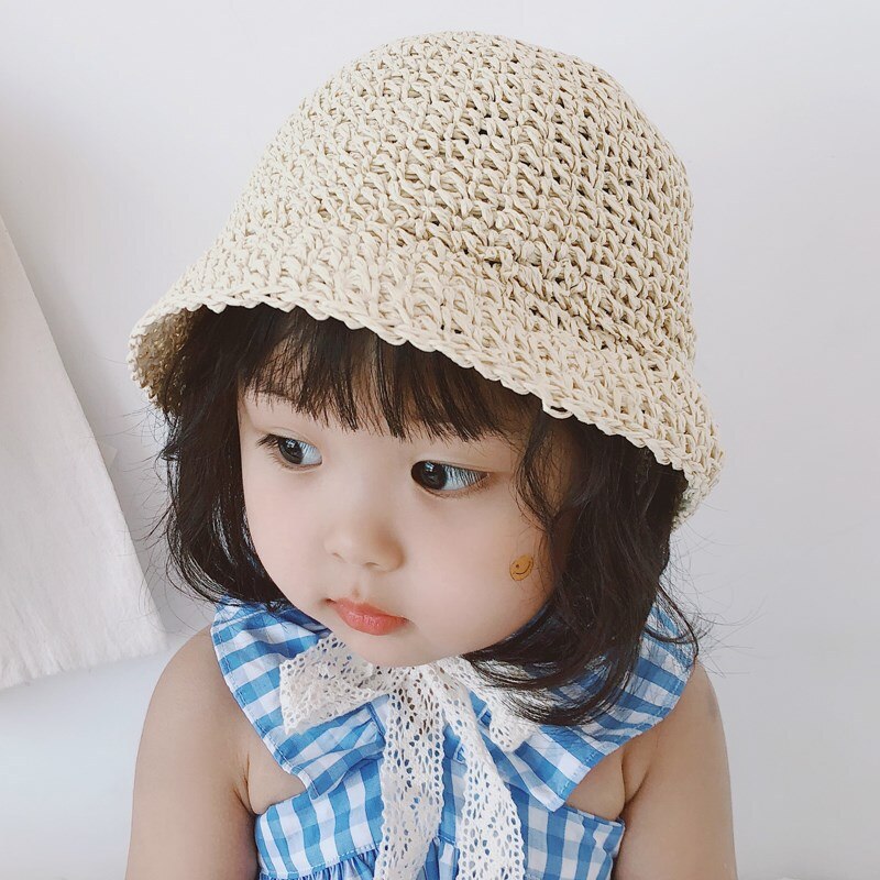 Chapeaux de paille en dentelle pour bébé garçon et fille, chapeau d&#39;été coréen, sangle en dentelle, Crochet, casquette de soleil pliable, pour la plage, pour l&#39;extérieur: 0262beige / adult57CM