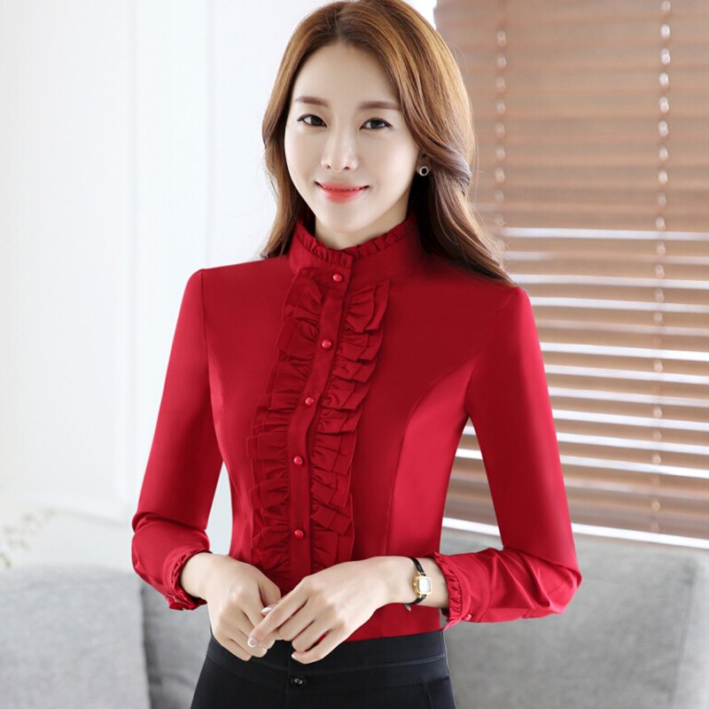 Camisa Formal de manga larga de otoño para mujer, blusa de chifón Rufflus de Color con soporte y para oficina, Tops de talla grande para mujer: Red / S