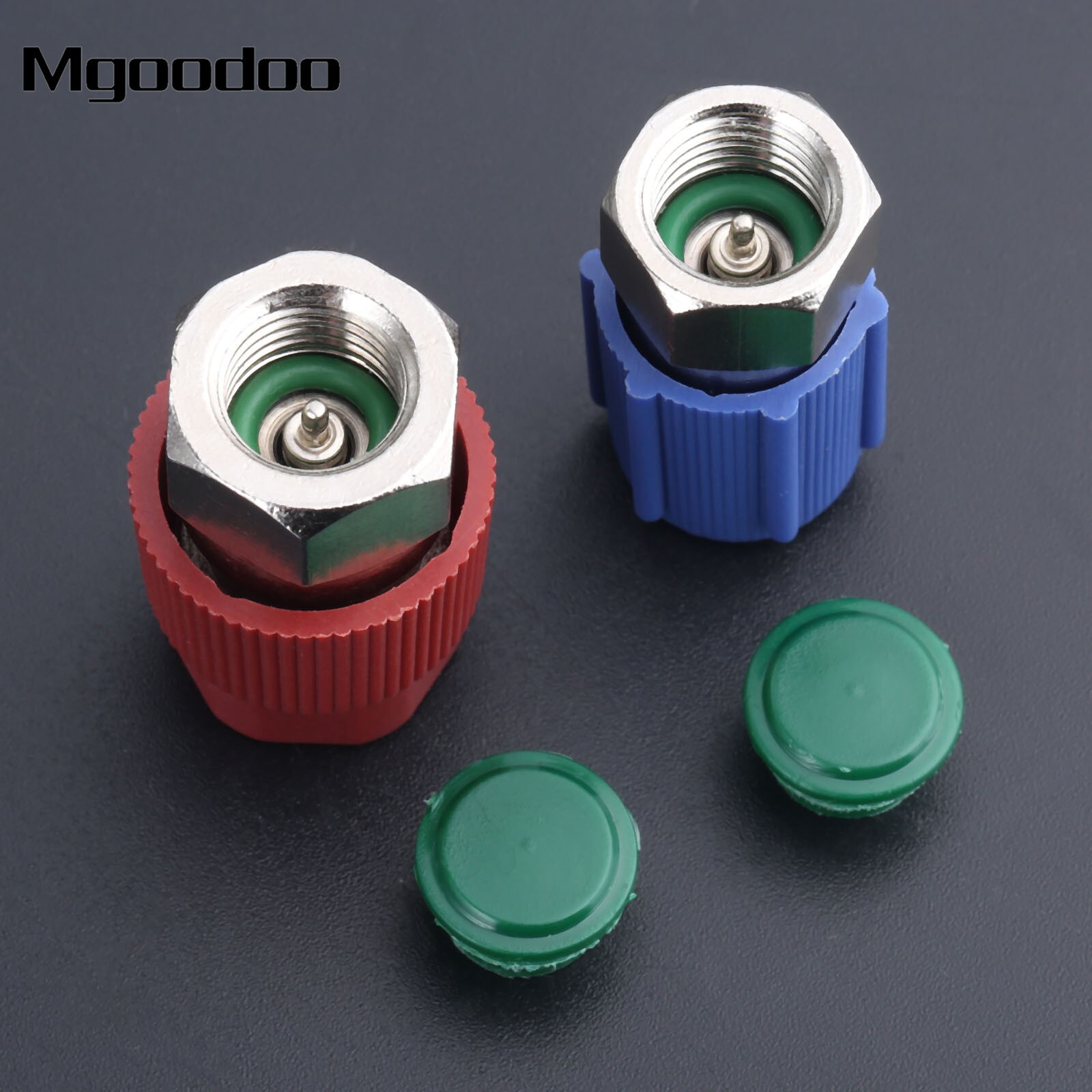 Mgoodoo AC Fitting Port Adapter Retrofit R12 To Accept R134 1/4" To 7/16" High Low Side Quick Coupler W/ Valve Core AC Caps