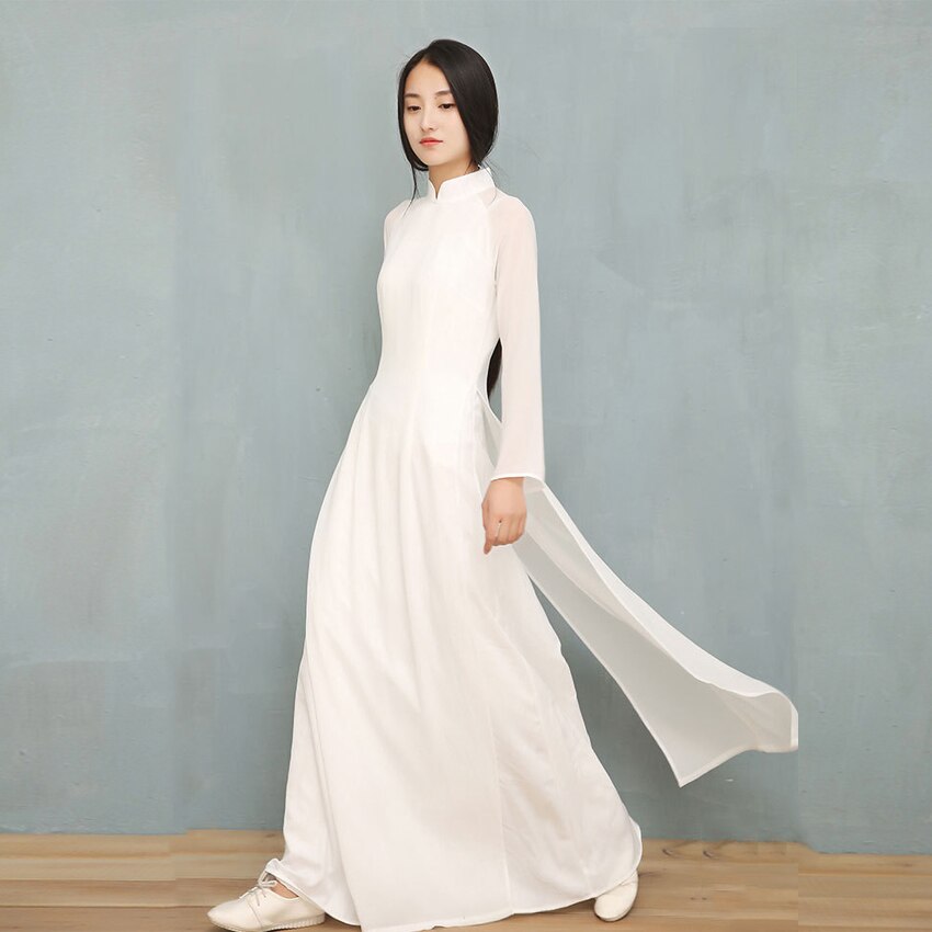 Vestido blanco liso de gasa para mujer, Cheongsams chinos de manga larga, estilo Oriental, 2022