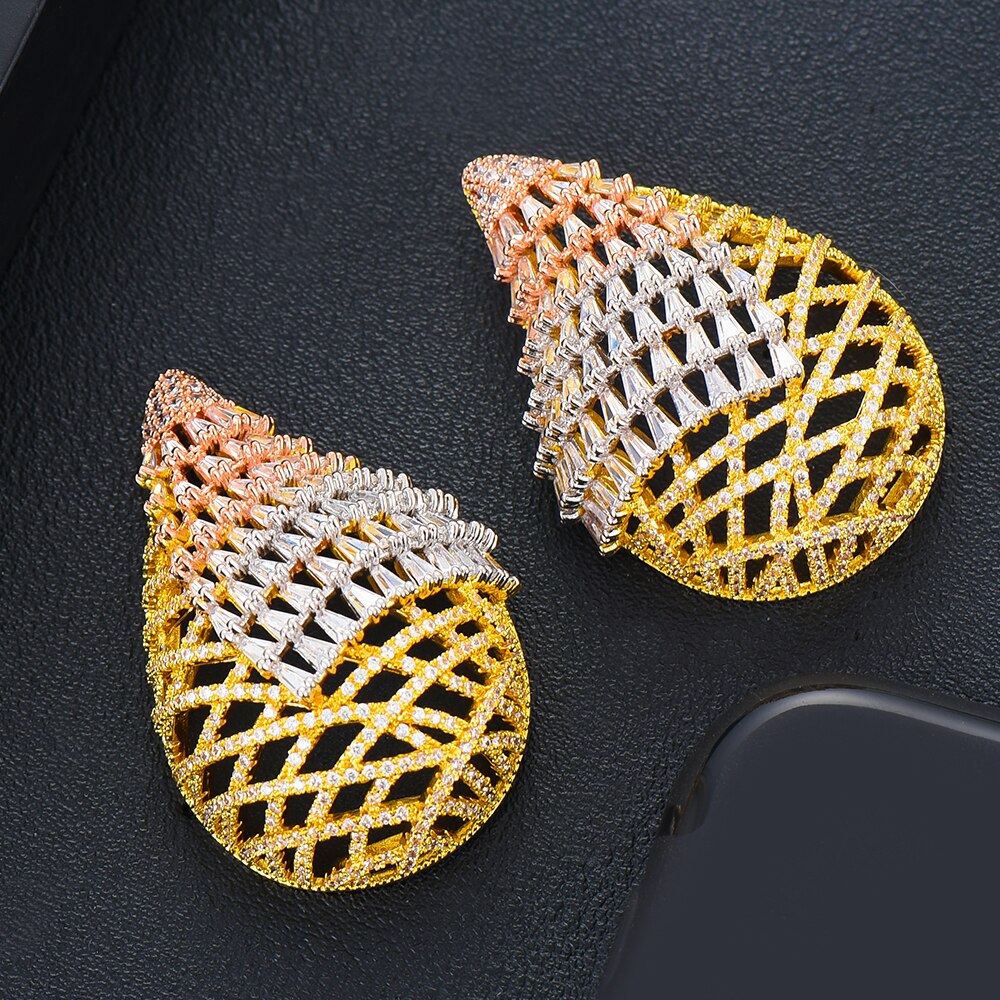 Godki luxe dubai grote holle oorbellen ketting voor vrouwen nobal bridal wedding kubieke zirkonia sieradenset