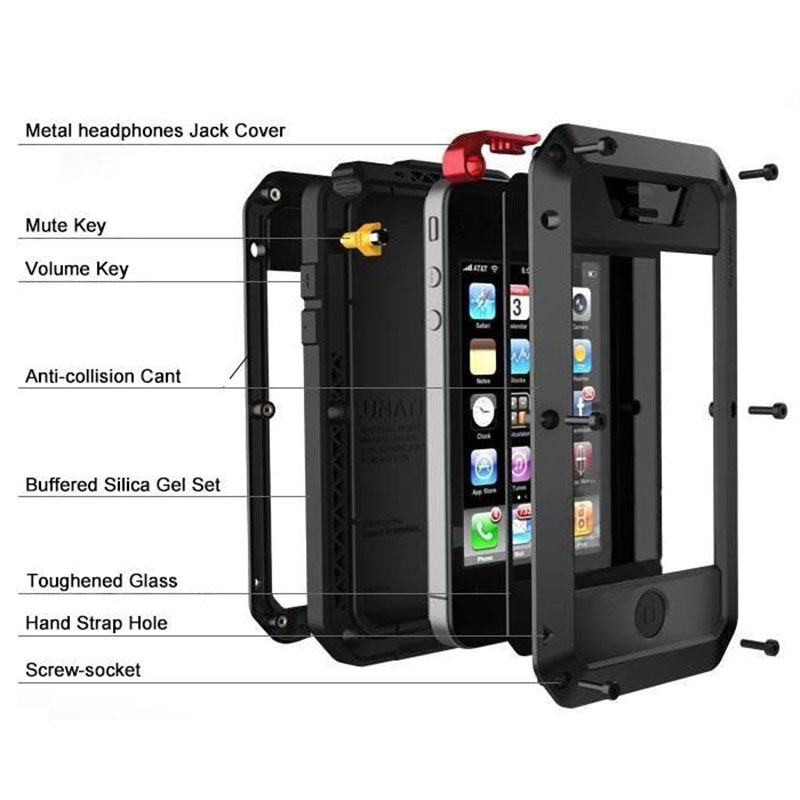 Lyxigt stötsäkert doom armor vattentätt metallfodral till iphone x xr xs max 8 7 6 6s plus 5 5s se 5c skal med skärm och glasfilm