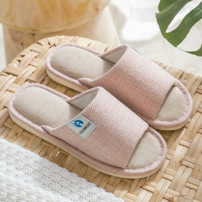 Open Indoor Spring and Autumn Cotton Linen Home Slippers Men 's and Women 's Floor Non-Slip Home Linen Slippers Stall: Pink / 39-40