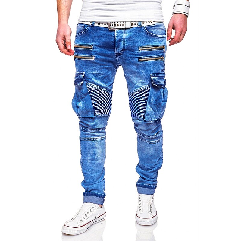 Mens Jeans Style Casual Zipper and Multi Pocket Denim Trousers Men: XL