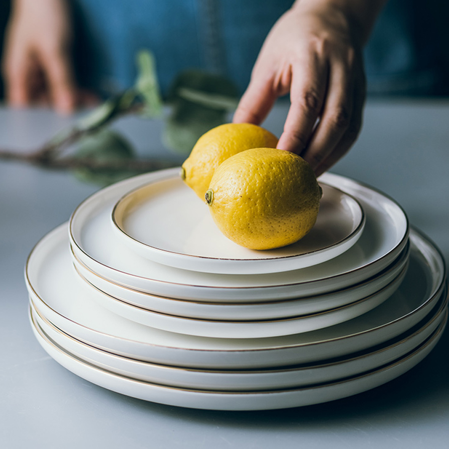 MUZITY Ceramic Plate White Plate With Gold Inlay 6/8/10 inch Porcelain Dinner Plate Set Breakfast Set