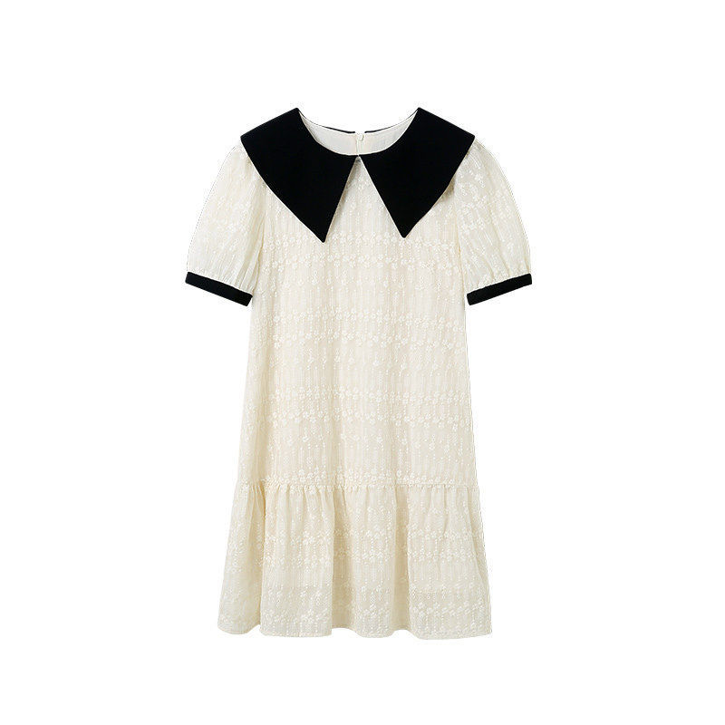 Vestido de encaje con cuello de muñeca de estilo francés para mujer, falda acampanada de manga corta con retazos de Color sólido, novedad de 2023