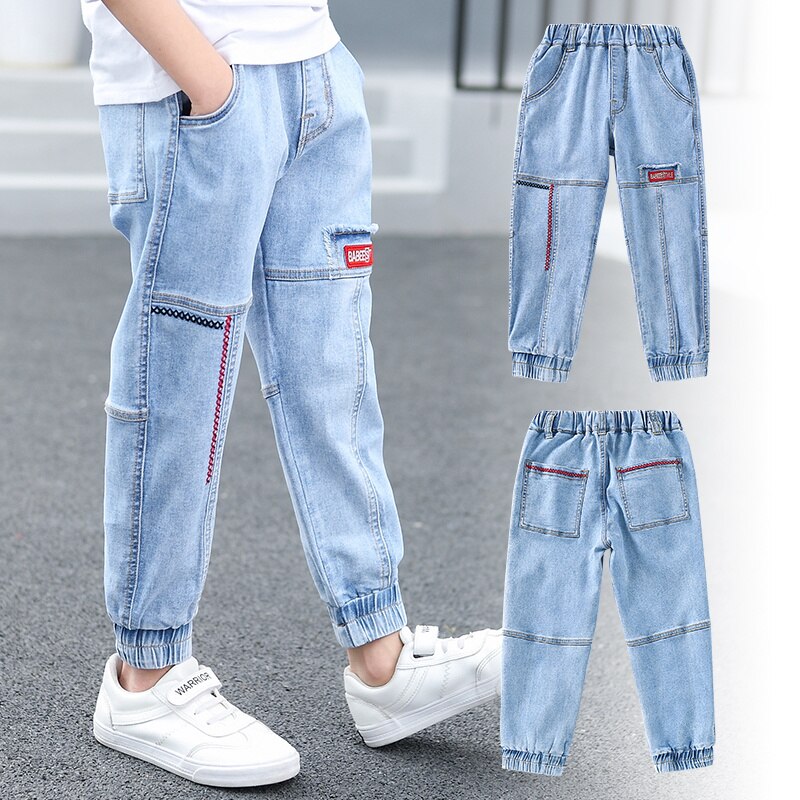 Crianças meninos jeans verão moda bordado calças crianças retalhos denim calças compridas crianças adolescente menino para calças casuais 6-14yrs