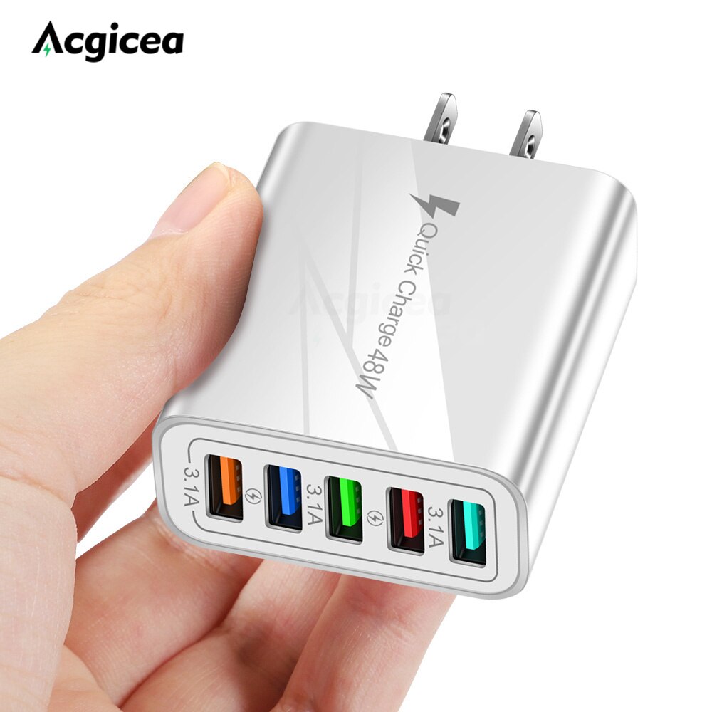 USB Charger Quick Charge 5 Port USB Charger For iPhone 12 13 Xiaomi Huawei Wall Mobile Phone Fast Travel Charger EU US UK Plug: white US