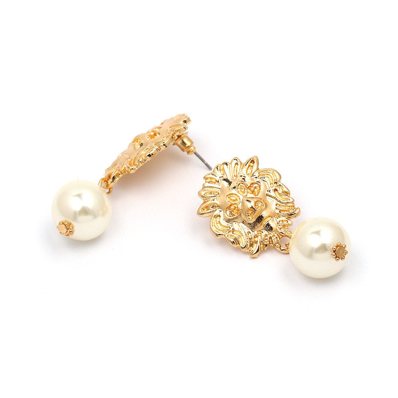 Vintage Lion Head Pearl Earrings for Women Trendy Gold Lion Head Big Dangle Earring Metal Baroque Ear Jewelry