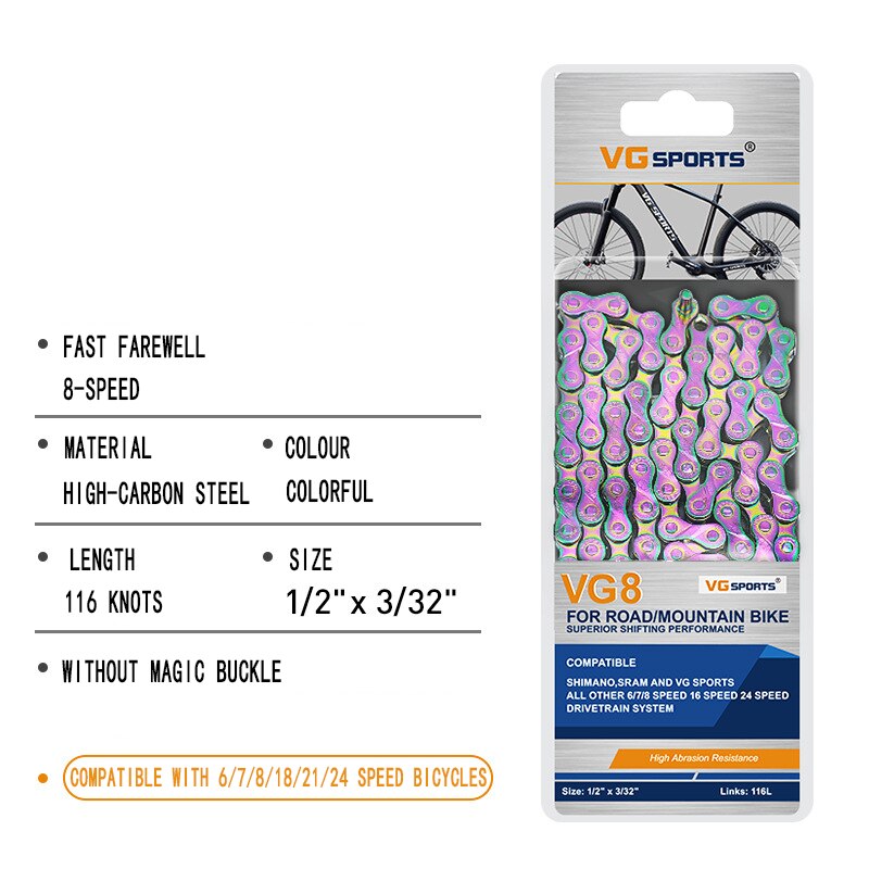 Bicycle Chain 8 9 10 11 Speed Nickel plated Colorful Silver Lightweight Mountain Road Bike MTB Chains Part 116 Links: 8 Speed Colorful