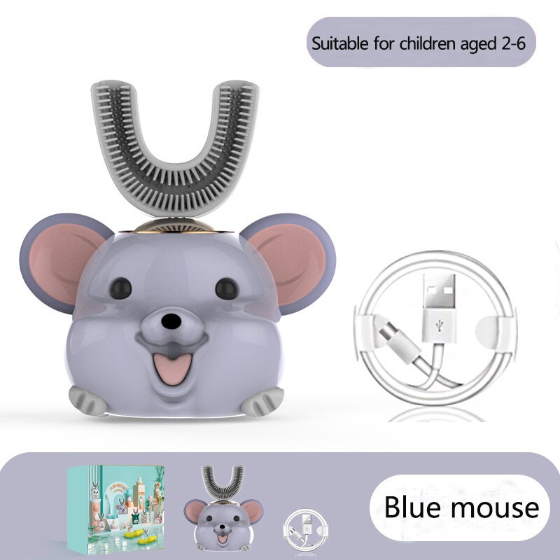 U Shape Smart 360 Angle Cartoon Teeth Cleaner Electric Toothbrush for Kids 2-6Y Teether Automatic Ultrasonic Teether Waterproof: gray M 2-6 years