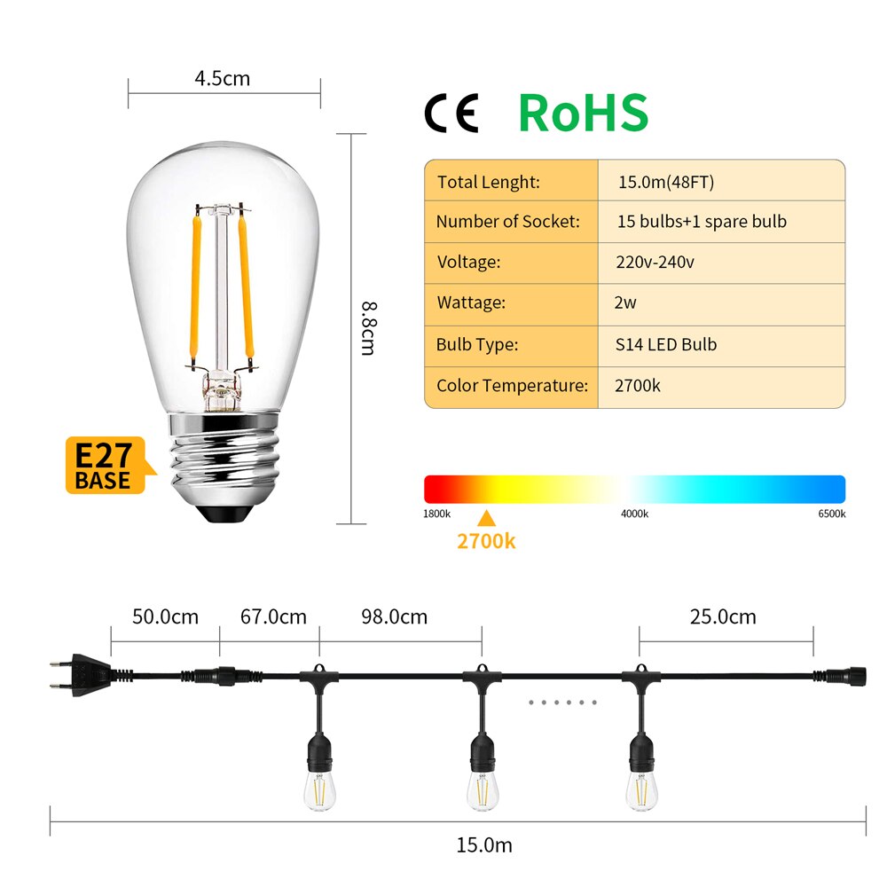 15m 15 Bulbs LED S14 String Lights Outdoor Decoration Light Bulb IP65 Waterproof Patio Lamp Garland