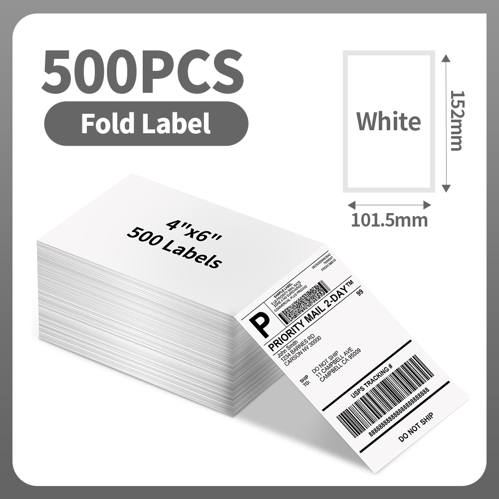 500Pcs Thermal Paper 4x6 Fan-Fold Labels Supplies Phomemo 241BT 246S D520BT Label Printer for Package Adress Business: WHITE