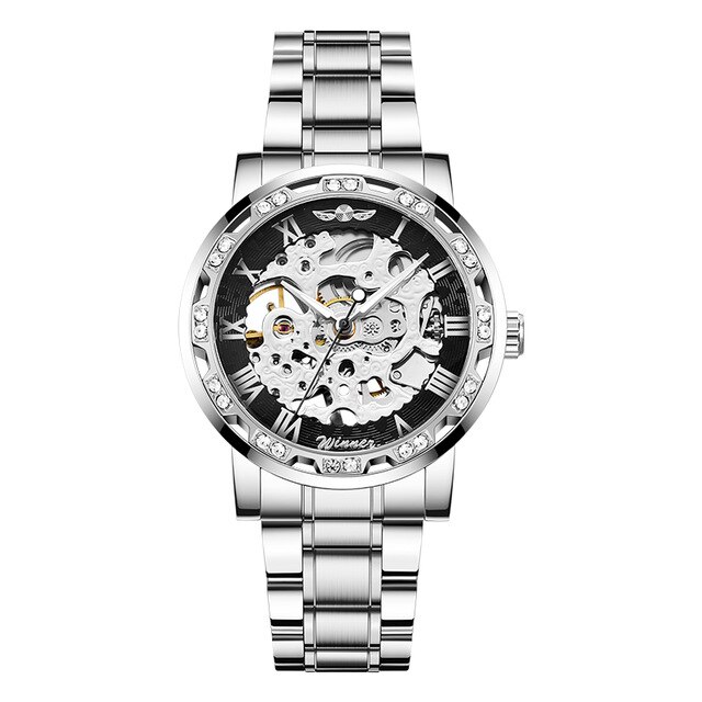 Winnaar Transparant Mode Diamant Display Lichtgevende Handen Versnelling Beweging Retro Mannen Mechanisch Skeleton Horloges: silver