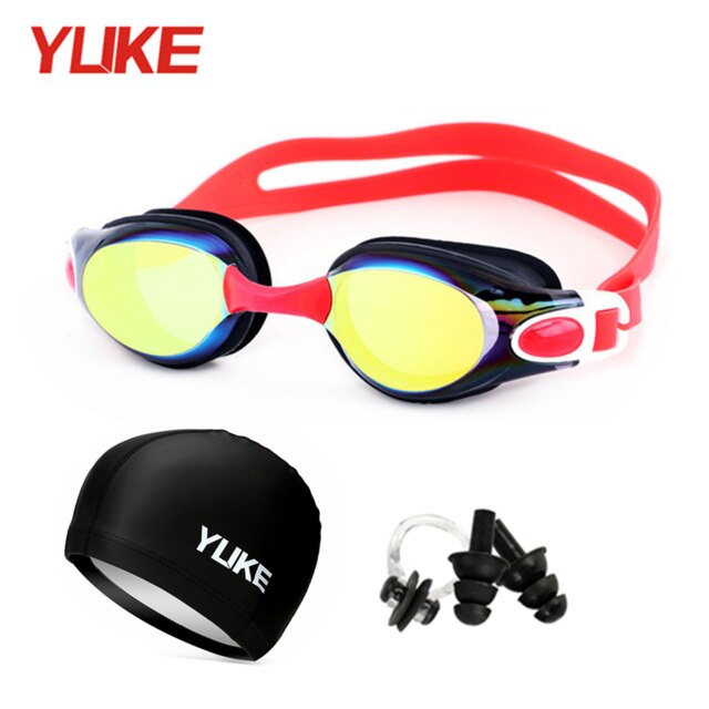 Swimming Goggles Men Women silicone adult Pool glasses Adjustable Swim Eyewear With swim hat Nose clip earplug 1032: Red