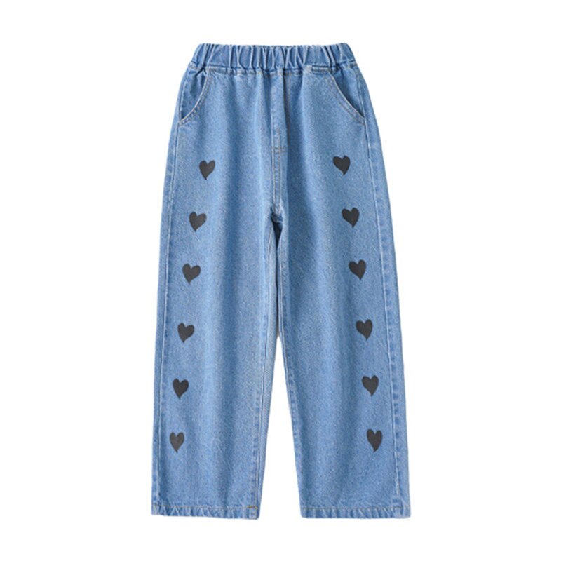 Primavera 2021 abbigliamento per bambini Casual Jeans larghi in Denim ragazza bambino stampa cuore pantaloni in cotone blu pantaloni a gamba larga 4 6 8 10 12Y