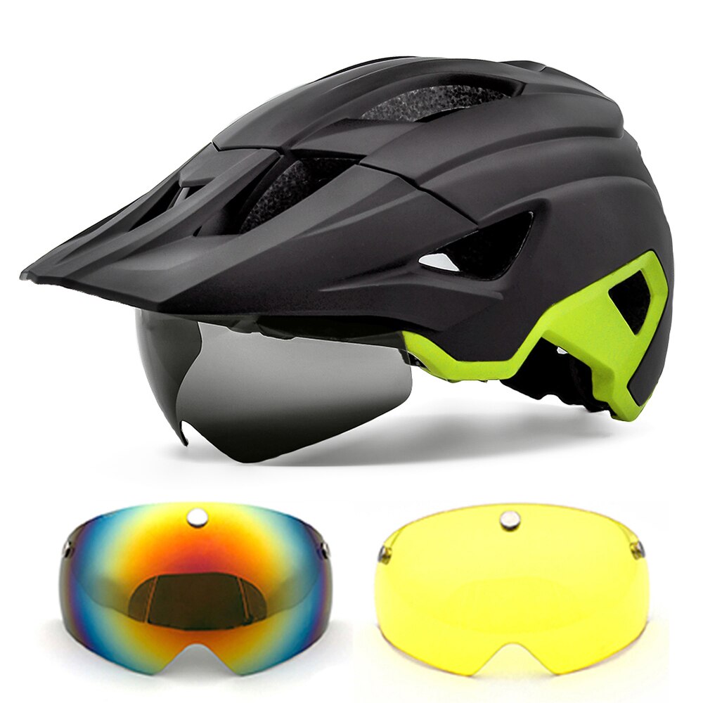 Mtb Helm Fietsen Mannen Vrouwen Rijden Met Achterlicht En Zonneklep Goggles Xc Weg Mountainbike Helmen Met Lens casco Ciclismo: Black green-2