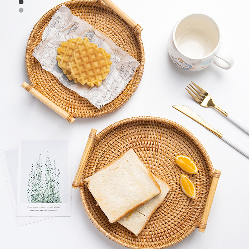 Dessert tray Breakfast plate Handmade Rattan Portable Tray Bread Fruit Snack Picnic Basket Home Table Decoration cup table mat